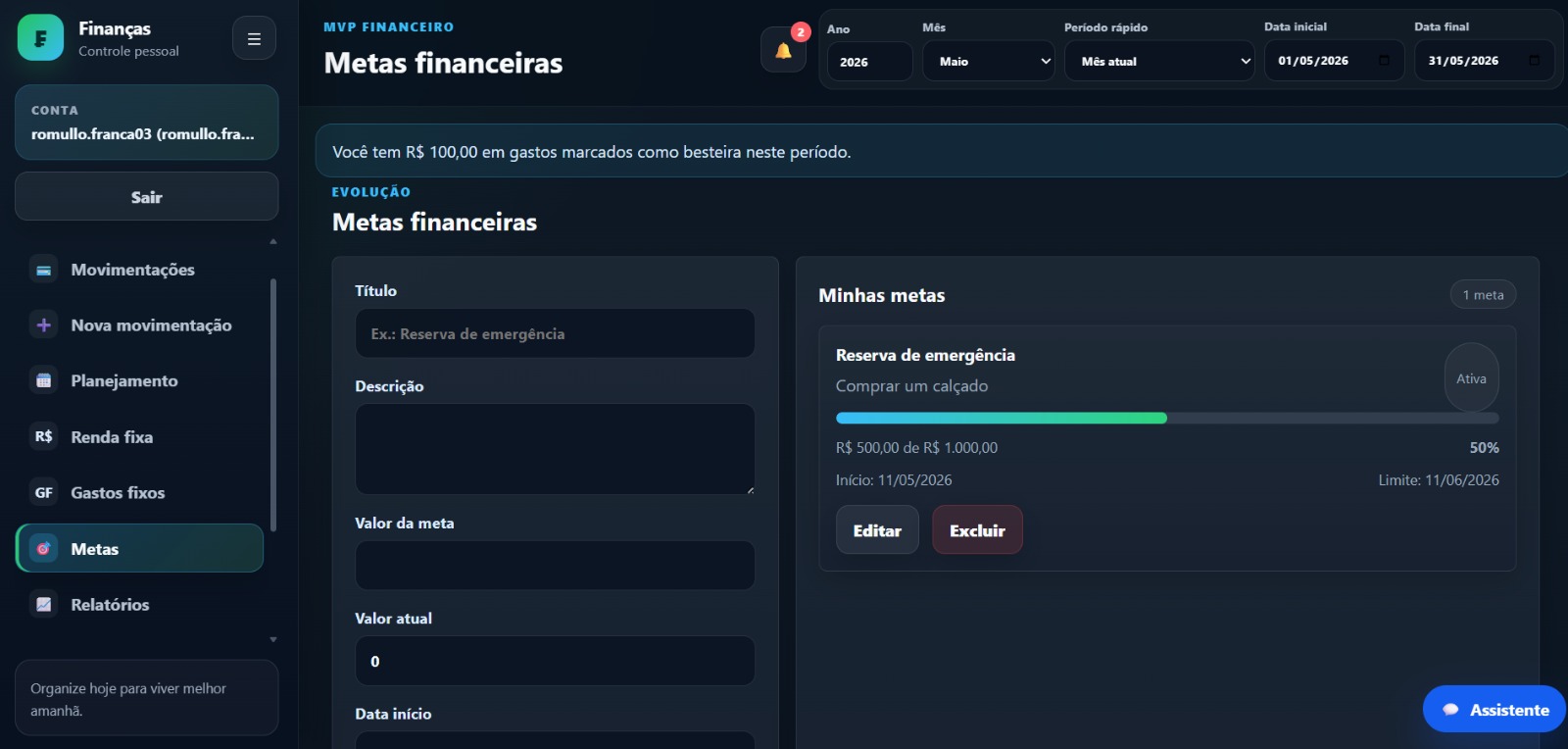 Tela de metas financeiras do Financias com formulário e progresso de meta