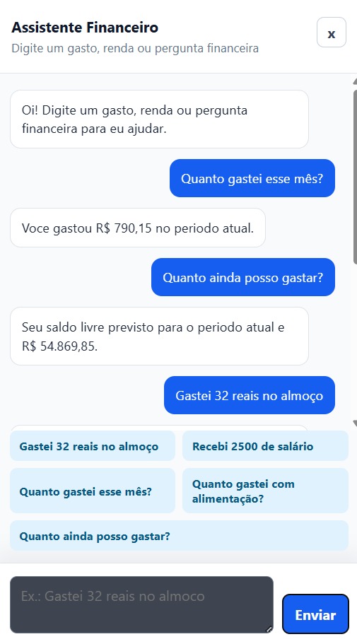Assistente financeiro do Financias com conversa e comandos por mensagem